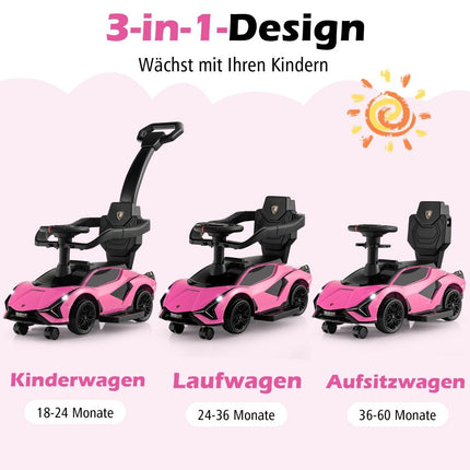 Voiture à pousser Lamborghini 3 en 1 avec phares et accessoires. Musique et ampli; Espace de rangement rose