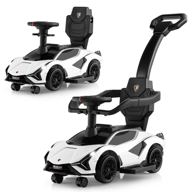 Voiture à pousser Lamborghini 3 en 1 avec phares et accessoires. Musique et ampli; Espace de rangement blanc