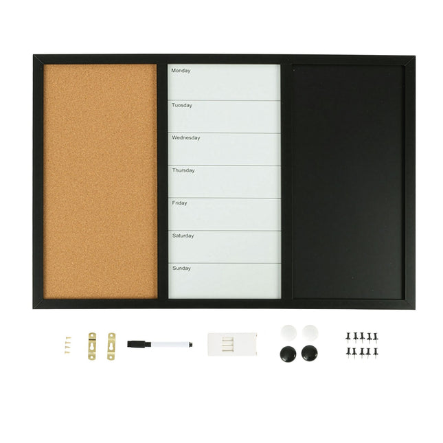 3-in-1 Memoboard mit Zubehör – Whiteboard, Kork, Planer