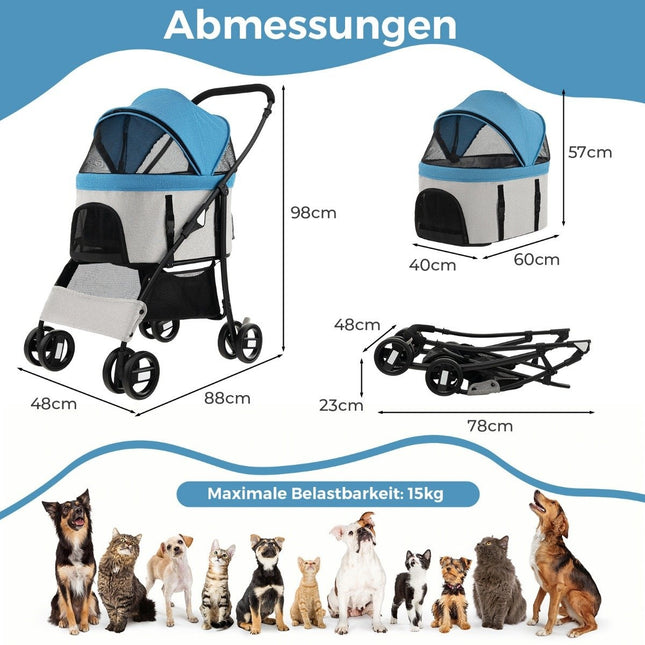 Poussette 3 en 1 pour animaux de compagnie, pliable, jusqu'à 15 kg, bleue