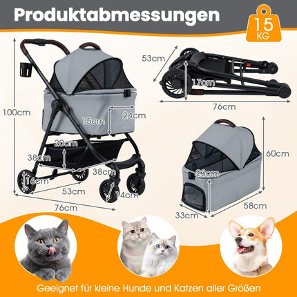Poussette pour animaux 3 en 1 avec porte-bébé amovible, grise