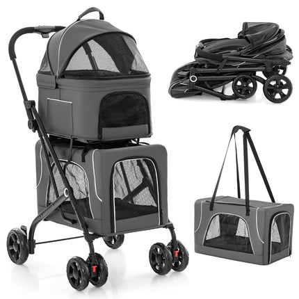 Poussette pour animaux 3 en 1 avec fenêtres en filet et rangement, grise
