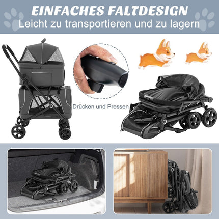 Poussette pour animaux 3 en 1 avec fenêtres en filet et rangement, grise