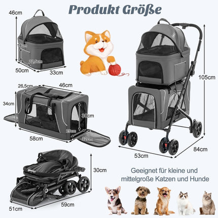 Poussette pour animaux 3 en 1 avec fenêtres en filet et rangement, grise