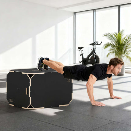 Boîte de plyométrie 3 en 1 avec poignées, bois, noire, 3 hauteurs