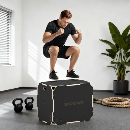 Boîte de plyométrie 3 en 1 avec poignées, bois, noire, 3 hauteurs