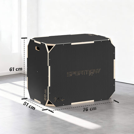 Boîte de plyométrie 3 en 1 avec poignées, bois, noire, 3 hauteurs