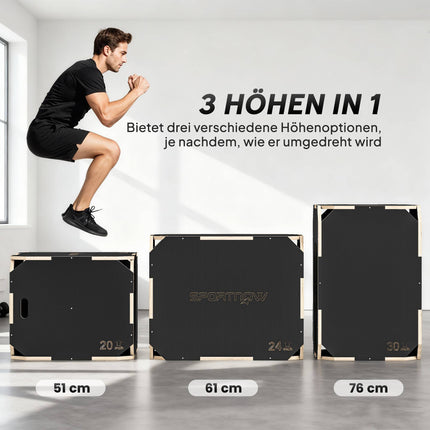 Boîte de plyométrie 3 en 1 avec poignées, bois, noire, 3 hauteurs