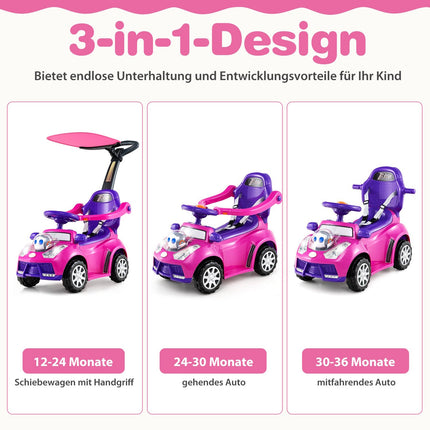 3-in-1 Rutscherauto mit Schiebegriff und Stauraum, Rosa
