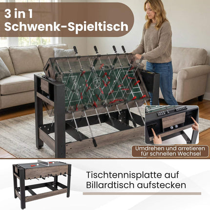 Table de jeux rotative 3 en 1 - Baby-foot, billard, tennis de table