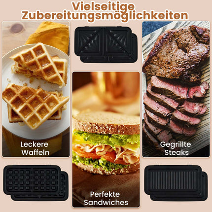 Appareil 3 en 1 pour sandwichs, gaufres et paninis, plaques antiadhésives