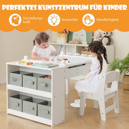 Table d'activités et chevalet 3 en 1 avec plateau relevable, 6 conteneurs en tissu et rouleau de papier blanc