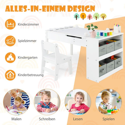Table d'activités et chevalet 3 en 1 avec plateau relevable, 6 conteneurs en tissu et rouleau de papier blanc