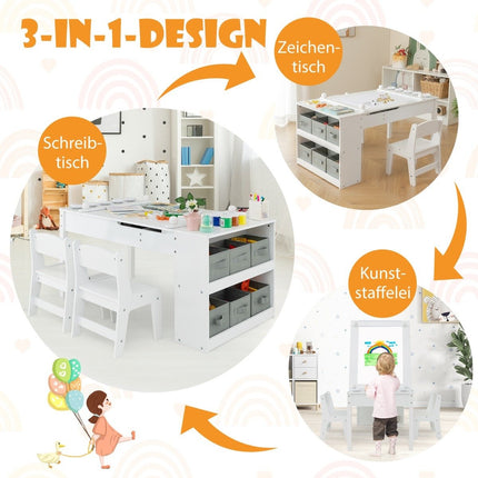 Table d'activités et chevalet 3 en 1 avec plateau relevable, 6 conteneurs en tissu et rouleau de papier blanc