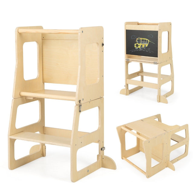 Tour d'apprentissage pour enfants 3 en 1, escabeau pliant, tableau noir et ensemble de table pour enfants à partir de 1 an, tour debout naturel