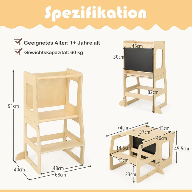 Tour d'apprentissage pour enfants 3 en 1, escabeau pliant, tableau noir et ensemble de table pour enfants à partir de 1 an, tour debout naturel