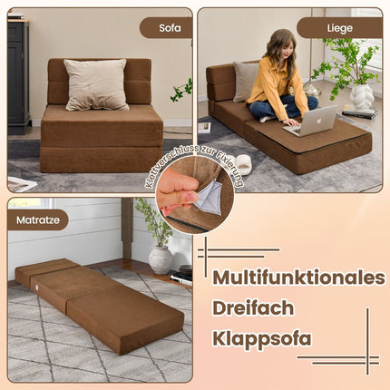 3-in-1 Klappsofa mit waschbarem Bezug, extra dicker Schaumstoff (15 cm), braun