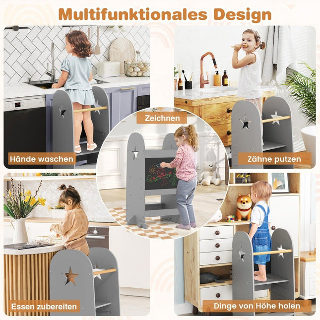 Marchepied pour enfant 3 en 1 avec 3 hauteurs réglables, capacité de charge de 90 kg, gris