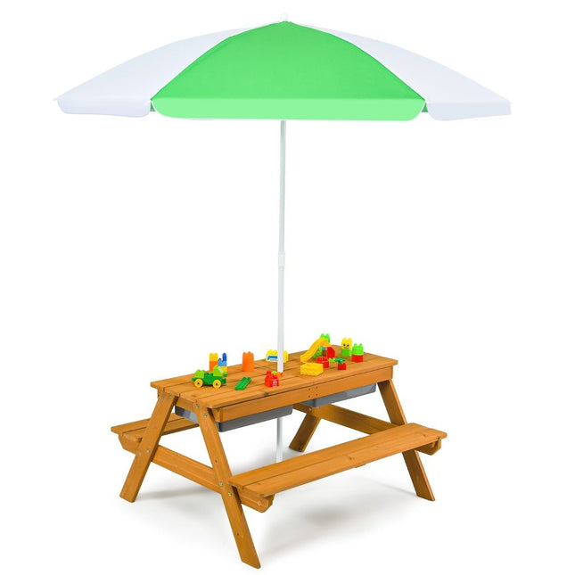 Table de pique-nique extérieure 3 en 1, table d'eau et de sable avec boîtes de jeux et parapluie naturel et blanc