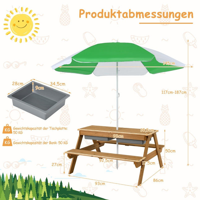 Table de pique-nique extérieure 3 en 1, table d'eau et de sable avec boîtes de jeux et parapluie naturel et blanc