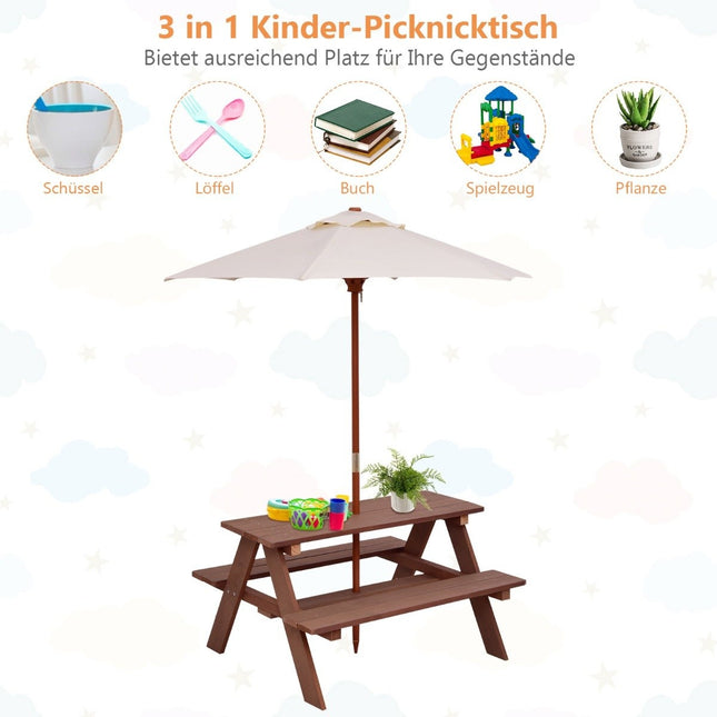 3-in-1 Picknicktisch mit abnehmbarem Sonnenschirm Kindertische Kindersitzgruppe