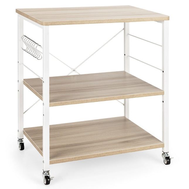 3-stöckiger Servierwagen mit verstellbarem Boden und 10 abnehmbaren Haken 60 x 40 x 73 cm natur