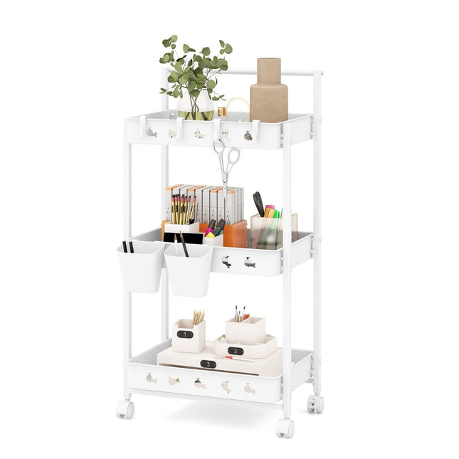 3-Ebenen-Servierwagen Servierwagen mit Rollen Küchenwagen mit 2 Hängetassen 42 x 29 x 83 cm Weiß