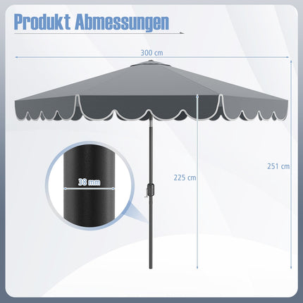Parasol de terrasse gris de 3 m, manivelle, fonction d'inclinaison