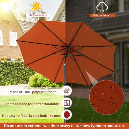 Parasol de terrasse de 3 m, manivelle d'inclinaison, toile à 8 baleines, orange