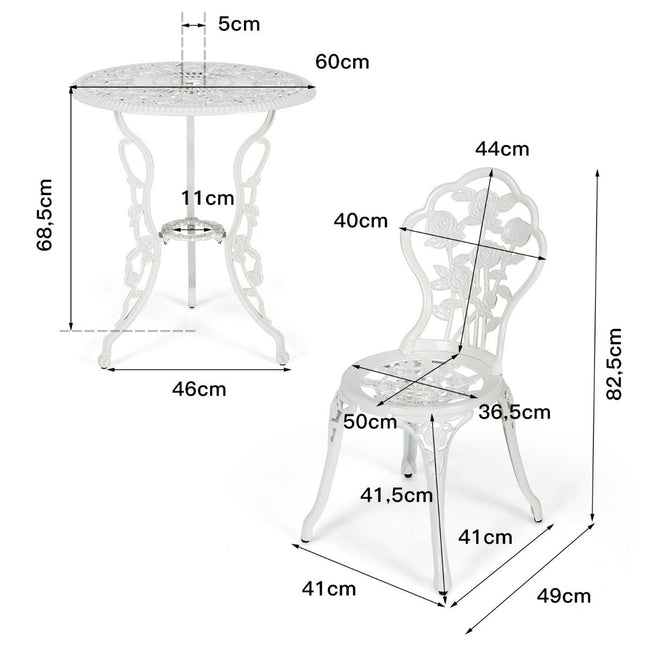 3 tlg. Gartenmöbel Set Balkonset mit 2 Stühlen &amp; Tisch aus Aluguss &amp; Gusseisen Weiß