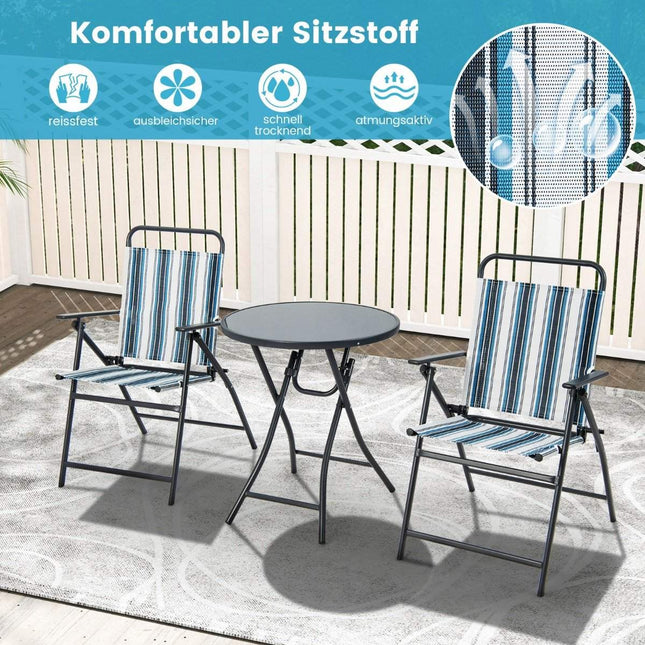 Ensemble de balcon 3 pièces, table de bistro avec 2 chaises pliantes, ensemble de sièges avec structure en métal robuste