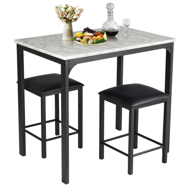 Ensemble de table à manger 3 pièces, ensemble de table de bar avec 2 tabourets de bar rembourrés, structure en métal, blanc