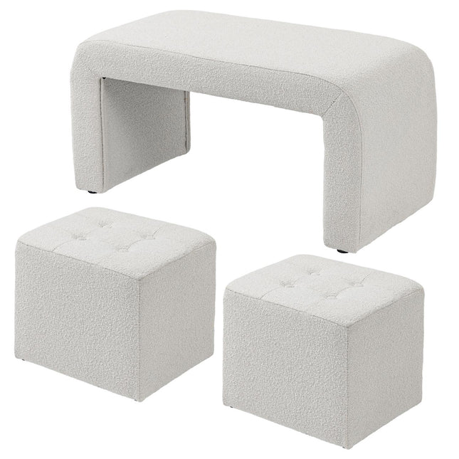 White upholstered 3-piece ottoman set for living room