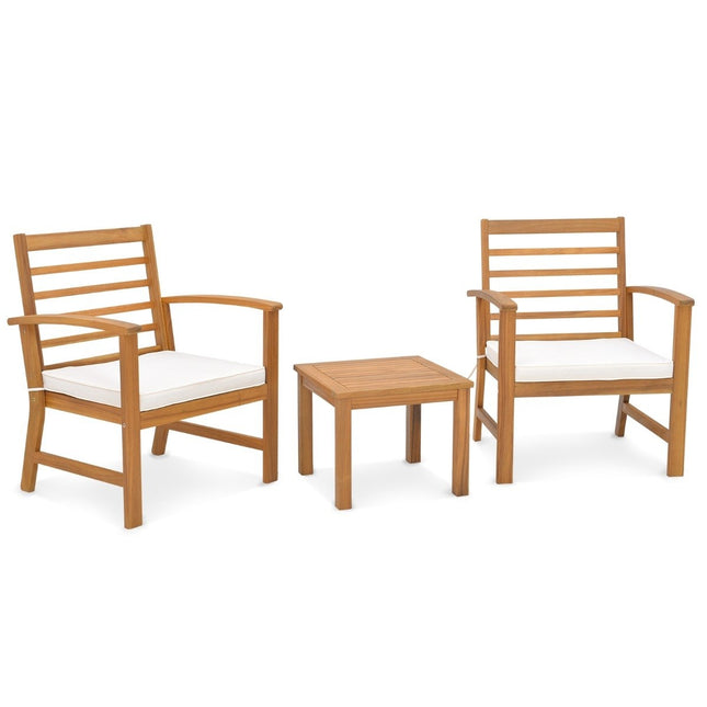 Ensemble de salon de jardin 3 pièces en bois d'acacia avec coussins d'assise moelleux et structure en bois d'acacia robuste