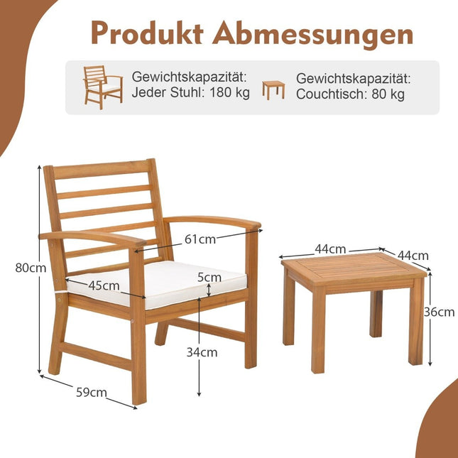 Ensemble de salon de jardin 3 pièces en bois d'acacia avec coussins d'assise moelleux et structure en bois d'acacia robuste