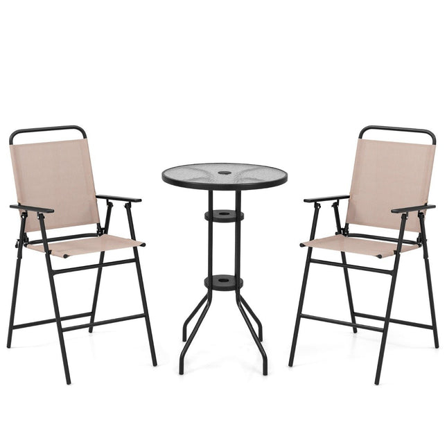 3-teiliges Outdoor-Bistro-Set, Terrassen-Stehtisch mit 2 Klappstühlen und Sonnenschirmloch, Beige