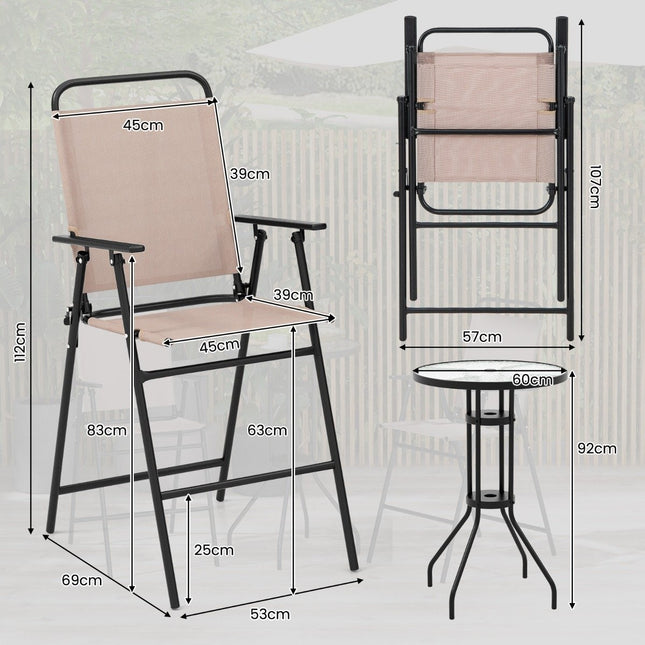 3-teiliges Outdoor-Bistro-Set, Terrassen-Stehtisch mit 2 Klappstühlen und Sonnenschirmloch, Beige