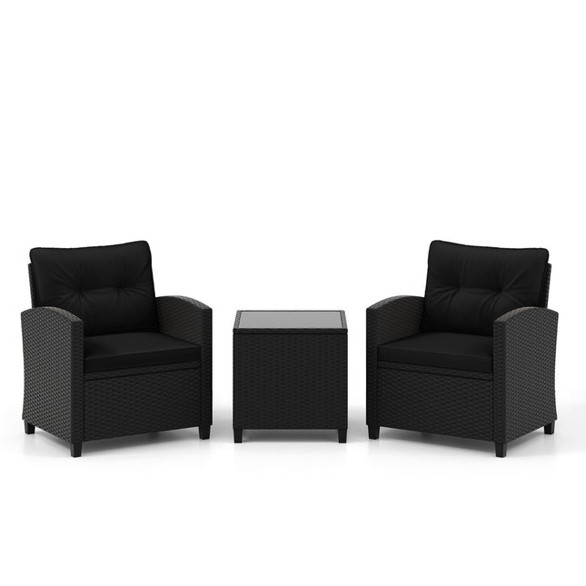 Ensemble de meubles de jardin en rotin 3 pièces comprenant 2 fauteuils et 1 table d'appoint, ensemble de sièges avec coussins, noir