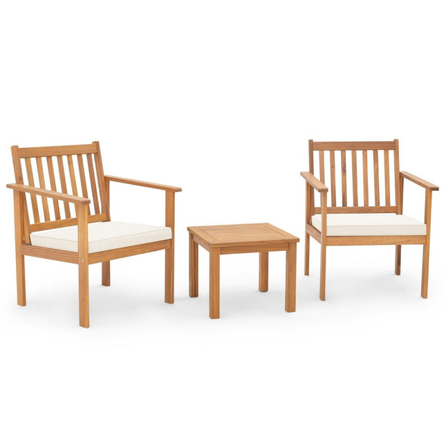 3 pièces Ensemble de meubles de patio en bois d'acacia, 2 chaises de jardin avec coussins et table basse, ensemble bistro