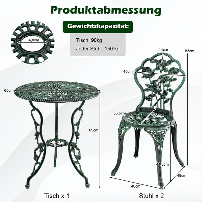 3 tlg. Antik Bistroset Rosen Design Sitzgruppe Balkonset Gartenset mit 2 Stühlen