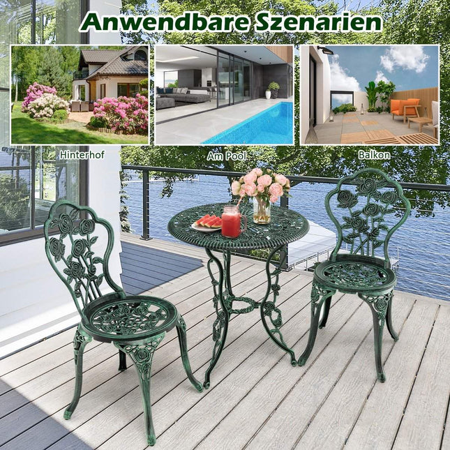 3 tlg. Antik Bistroset Rosen Design Sitzgruppe Balkonset Gartenset mit 2 Stühlen