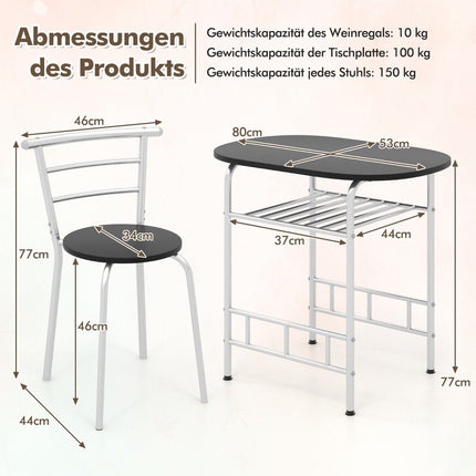 3 teilige Essgruppe Küchentisch &amp; Stühle mit Weinregal Platzsparende Sitzgruppe Esszimmergruppe Silber