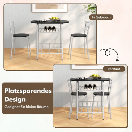 3 teilige Essgruppe Küchentisch &amp; Stühle mit Weinregal Platzsparende Sitzgruppe Esszimmergruppe Silber