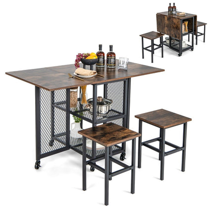 3 pièces Ensemble de table à manger pliante, table à manger extensible avec 2 tabourets et 2 étagères de rangement en filet