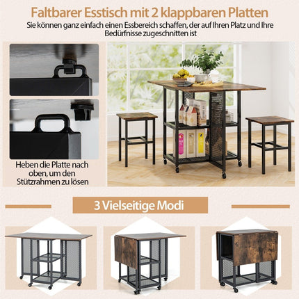 3 pièces Ensemble de table à manger pliante, table à manger extensible avec 2 tabourets et 2 étagères de rangement en filet