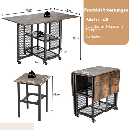 3 pièces Ensemble de table à manger pliante, table à manger extensible avec 2 tabourets et 2 étagères de rangement en filet