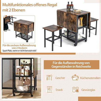 3 pièces Ensemble de table à manger pliante, table à manger extensible avec 2 tabourets et 2 étagères de rangement en filet