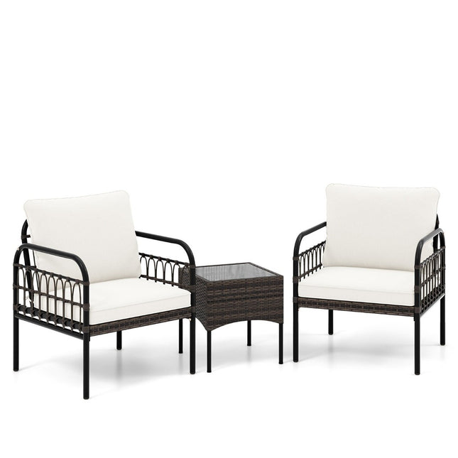 3 pièces Ensemble fauteuil en rotin avec table d'appoint en verre et coussins, ensemble de conversation, salon de jardin, chaises de terrasse
