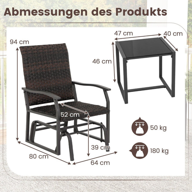 3 pièces Ensemble de meubles de balcon en rotin Ensemble de balcon avec 2 chaises et table Salon de jardin avec siège rembourré