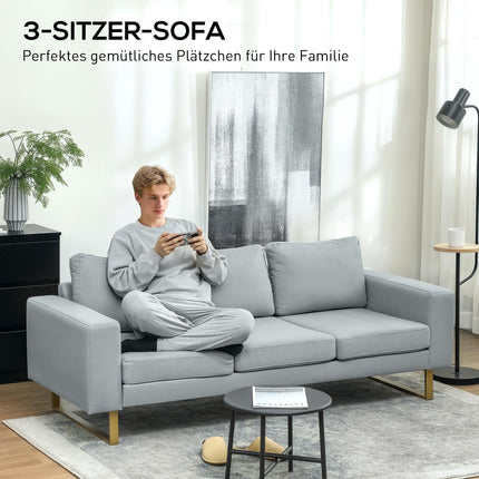 3-Sitzer-Sofa, Couch mit Massivholzrahmen, Metallbeinen, schlichtem Design, hellgrau